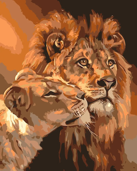 Painting of a lion and lioness in a loving embrace