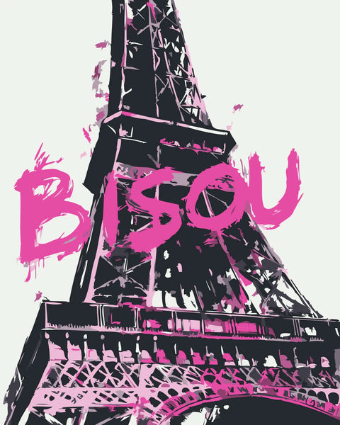 Eiffel Tower painting with "Bisou" in bold pink graffiti style