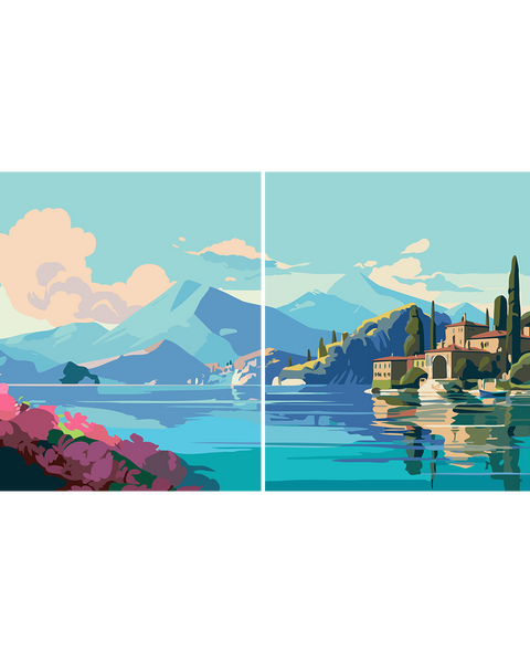 Scenic lake landscape with mountains villa and vibrant floral foreground