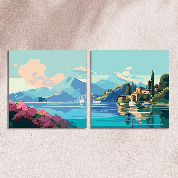 Scenic lake landscape with mountains villa and vibrant floral foreground