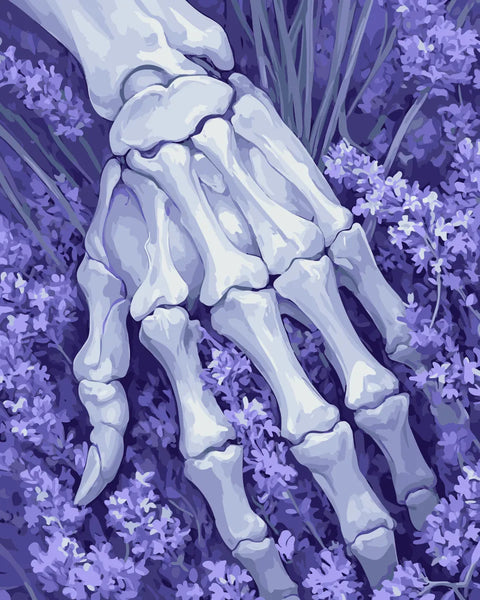 Skeletal hand resting in a bed of lavender flowers, featured in the Lavender Remains paint by numbers kit.