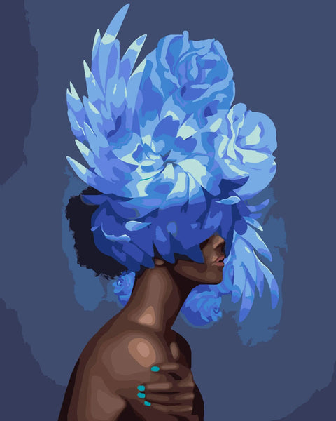 Stylized painting of a woman with vibrant blue flowers covering eyes