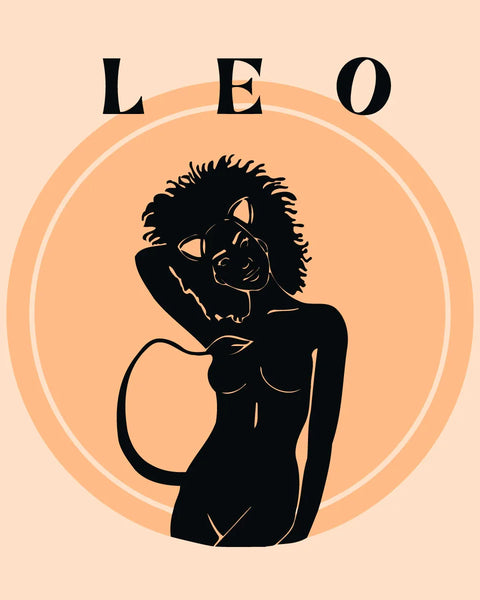Leo zodiac-inspired artwork featuring a confident woman with feline traits