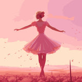 Elegant ballerina dancing in a dreamy pink floral landscape.