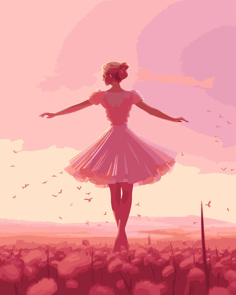 Elegant ballerina dancing in a dreamy pink floral landscape.