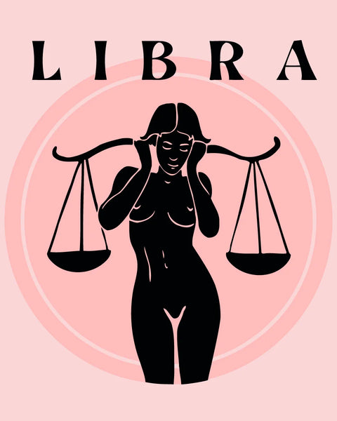 Libra zodiac sign with a woman holding balanced scales symbolically.