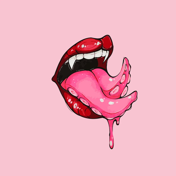 Glossy red lips with sharp fangs and a pink dripping tentacle tongue on a soft pink background, surreal design by Kalinina for the Licktopus paint by numbers kit.
