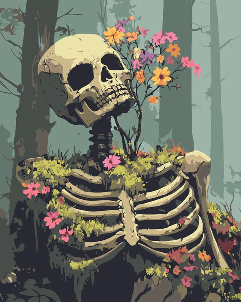 Skeleton covered in vibrant flowers and moss in a misty forest, featured in the Life Returns paint by numbers kit.