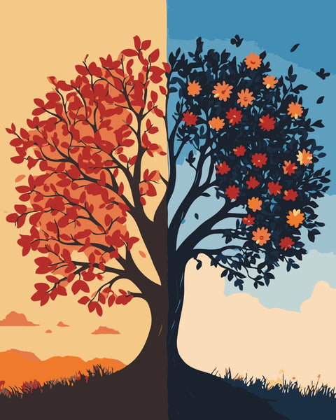 Life Split Paint by Numbers Kit featuring a tree divided between vibrant flowers and autumn leaves, symbolizing life’s duality.
