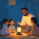 A father shares wisdom with his children by lantern light, illustrating the importance of storytelling and learning in the Light of Knowledge paint by numbers kit.