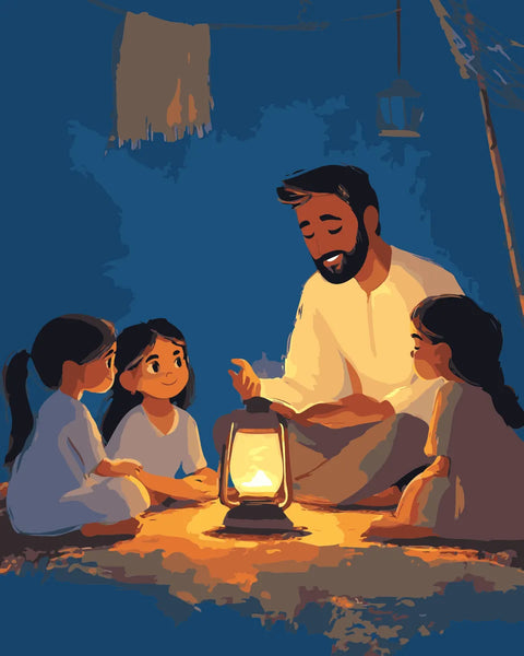 A father shares wisdom with his children by lantern light, illustrating the importance of storytelling and learning in the Light of Knowledge paint by numbers kit.