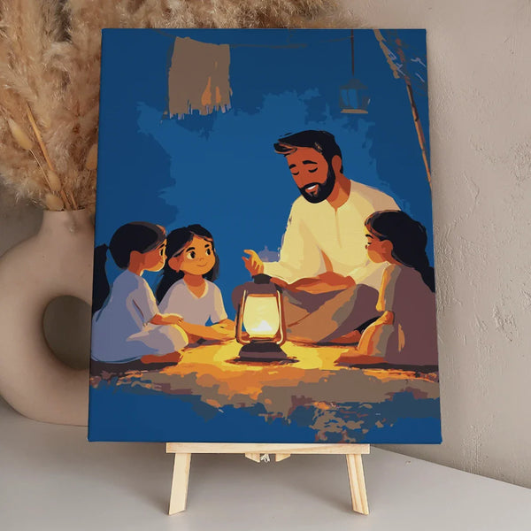 A father shares wisdom with his children by lantern light, illustrating the importance of storytelling and learning in the Light of Knowledge paint by numbers kit.