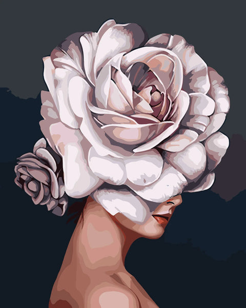 Surreal portrait of a woman with a large rose head