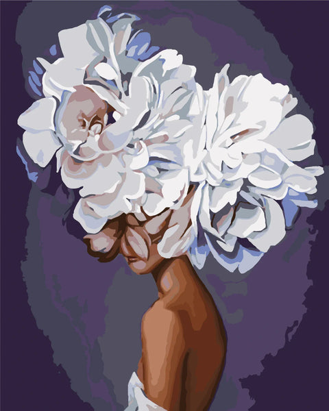 Elegant surreal painting of a woman with large white flowers