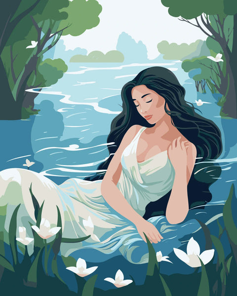A serene woman in a flowing dress floating on water.