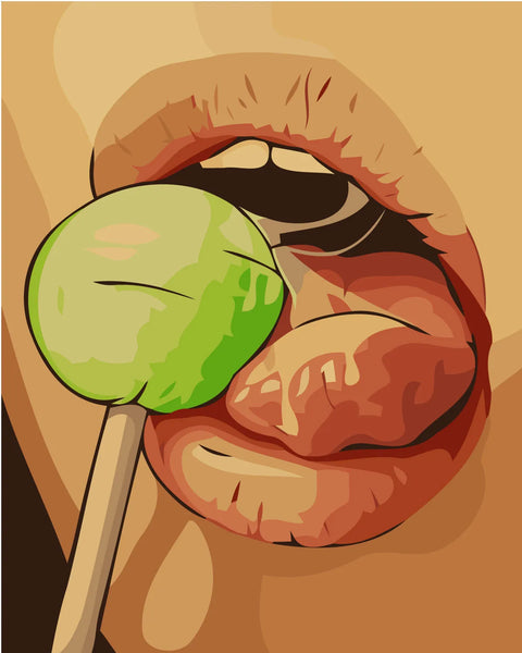 A close-up painting of lips licking a green lollipop.