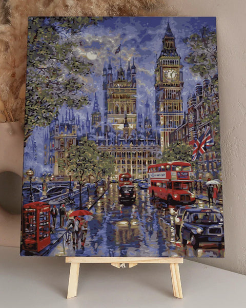 Painting of rainy London street with Big Ben and red buses