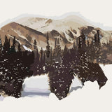Double exposure painting of a bear with mountains and forest