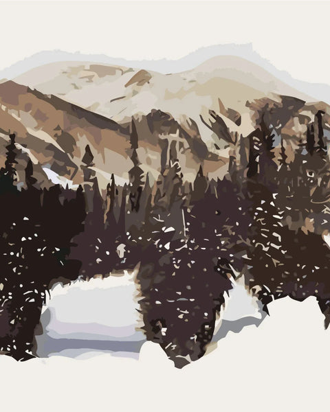 Double exposure painting of a bear with mountains and forest