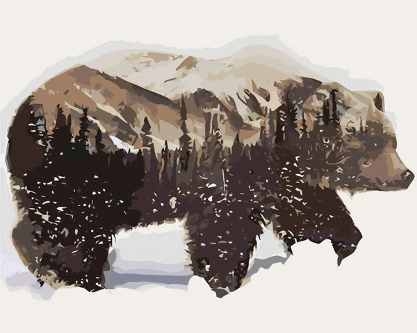 Double exposure painting of a bear with mountains and forest