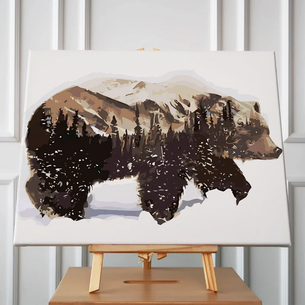 Double exposure painting of a bear with mountains and forest