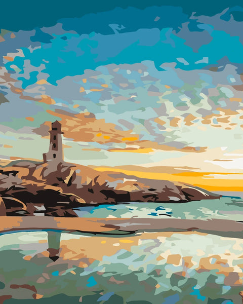 Scenic lighthouse painting with ocean reflection and colorful sunset sky