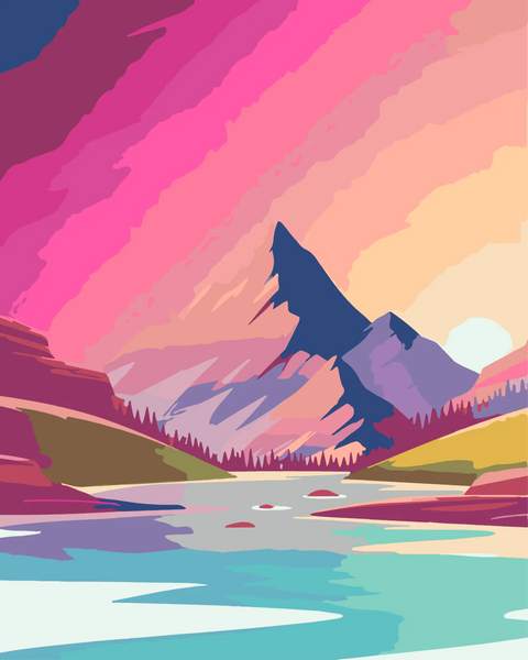 Colorful mountain landscape painting with a lake and sunset sky