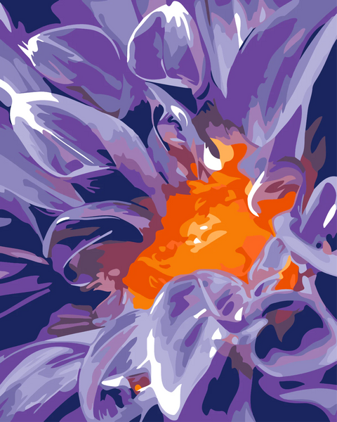 Vibrant close-up painting of a purple flower with orange center