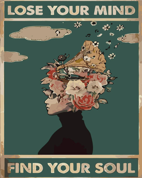 Surreal portrait of a woman with flowers and gramophone head