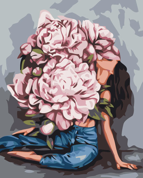 Woman with oversized blooming peonies covering her head and body