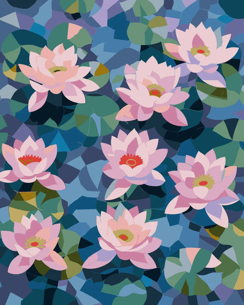 Pink water lilies floating on a blue pond with green leaves