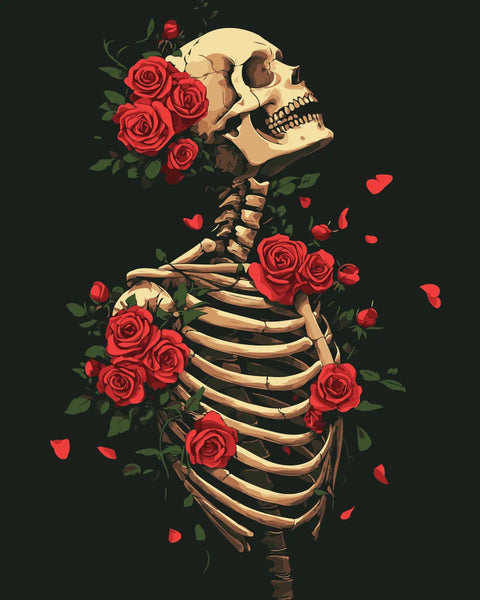 Skeleton adorned with vibrant red roses against a black background, featured in the Love and Loss paint by numbers kit.