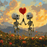 Two skeletons holding a heart balloon in a sunset field