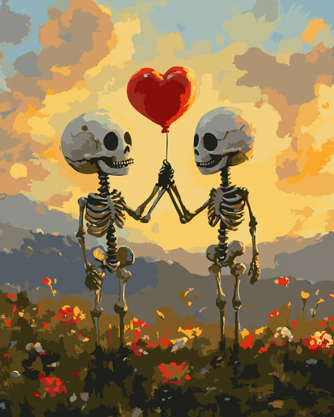 Two skeletons holding a heart balloon in a sunset field