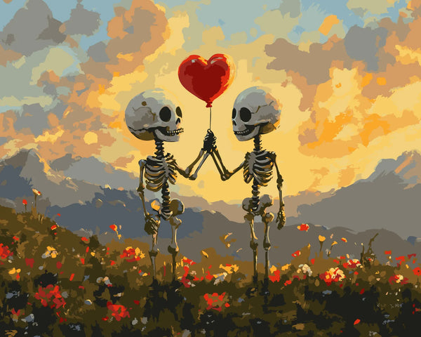 Two skeletons holding a heart balloon in a sunset field