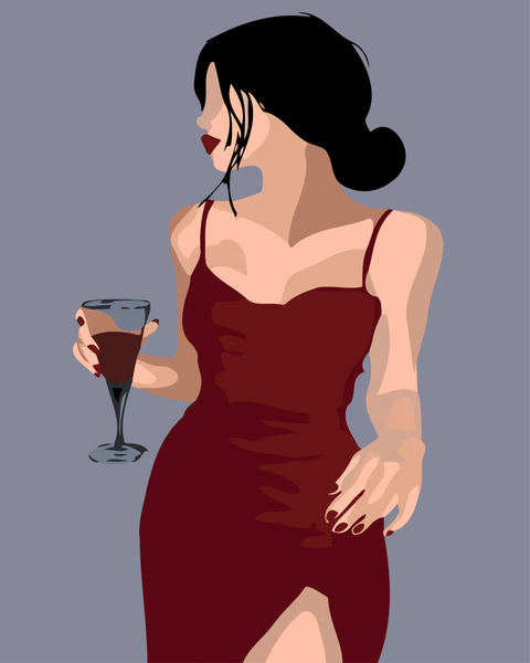 Elegant woman in red dress holding a glass of wine