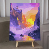 Colorful sunset over lake with boat and mountains painting