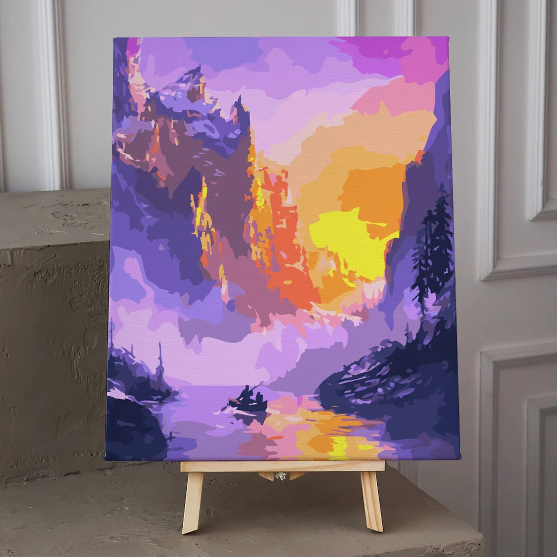 Colorful sunset over lake with boat and mountains painting