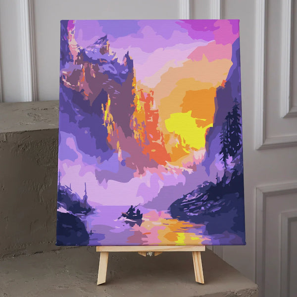 Colorful sunset over lake with boat and mountains painting