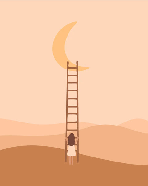 Minimalist painting of a girl climbing ladder to the moon