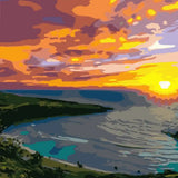 Vibrant sunset over an ocean bay with lush green hills