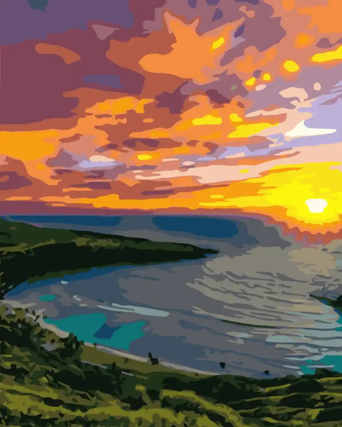 Vibrant sunset over an ocean bay with lush green hills