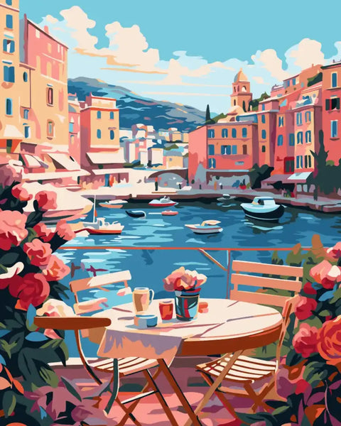 Charming seaside café painting with colorful buildings and boats in harbor