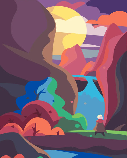 Vibrant landscape painting with mountains, waterfall, and a lone traveler