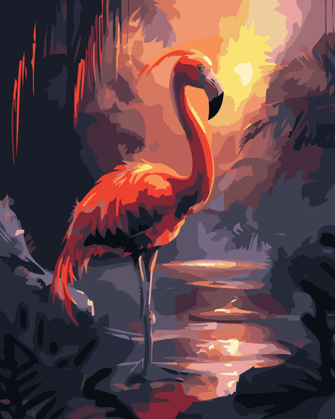 Vibrant painting of a flamingo standing by water at sunset