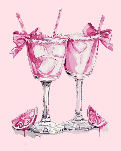 Watercolor painting of two pink cocktails with bows and straws