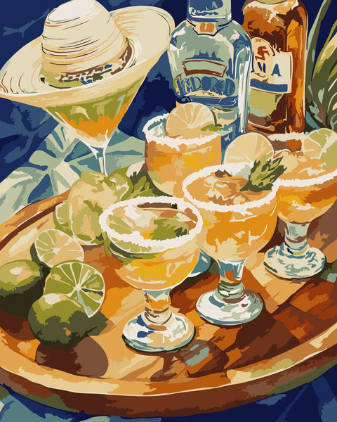 Colorful painting of margarita glasses with limes, tequila, and sombrero