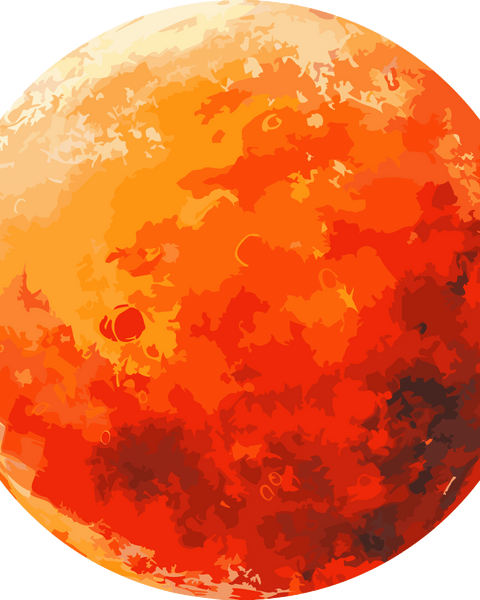 Digital painting of a fiery, textured, orange and red planet