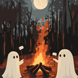 Cute ghosts roasting marshmallows by a campfire under full moon
