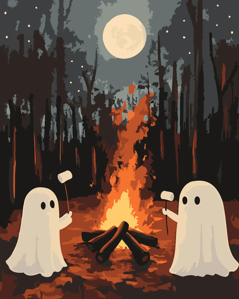Cute ghosts roasting marshmallows by a campfire under full moon